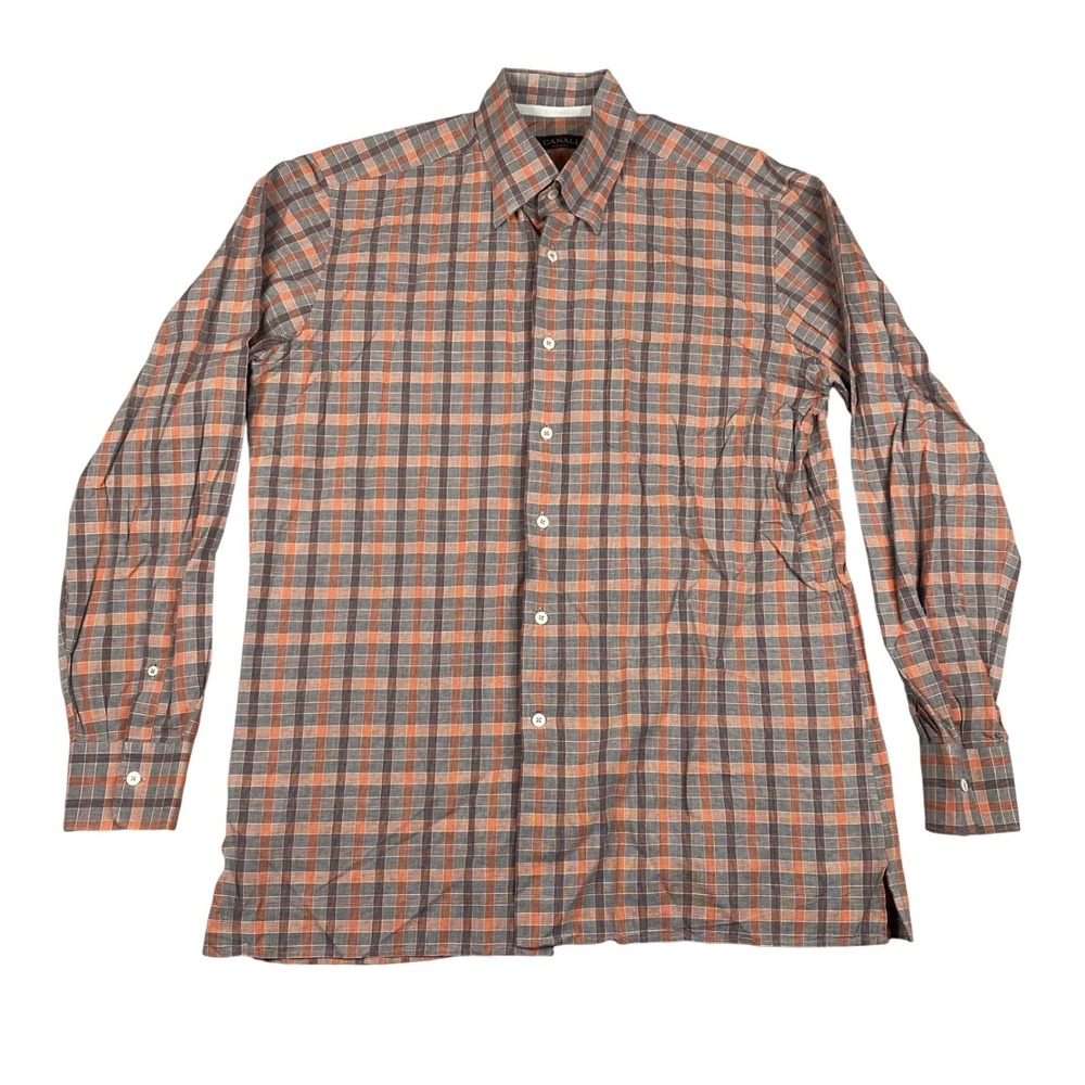 Canali Mens Plaid Button Down‎ Shirt Red Grey Long Sleeve Made in Italy LARGE